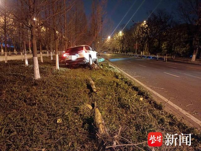 南京江宁秣陵交警处置一起交通事故，小轿车“爬”上树