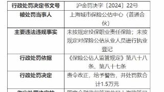 因未按规定投保，上海城市保险公估中心处罚款1.5万元