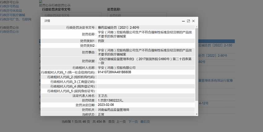 宇安（河南）控股有限公司生产不合格医疗器械被罚138万余元