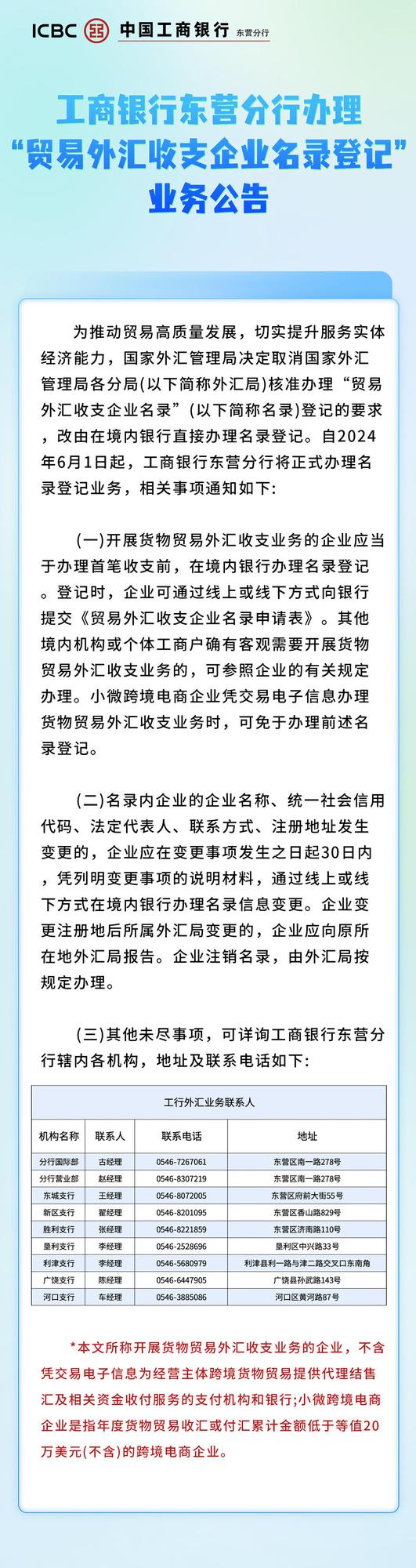 工商银行东营分行办理“贸易外汇收支企业名录登记”业务公告