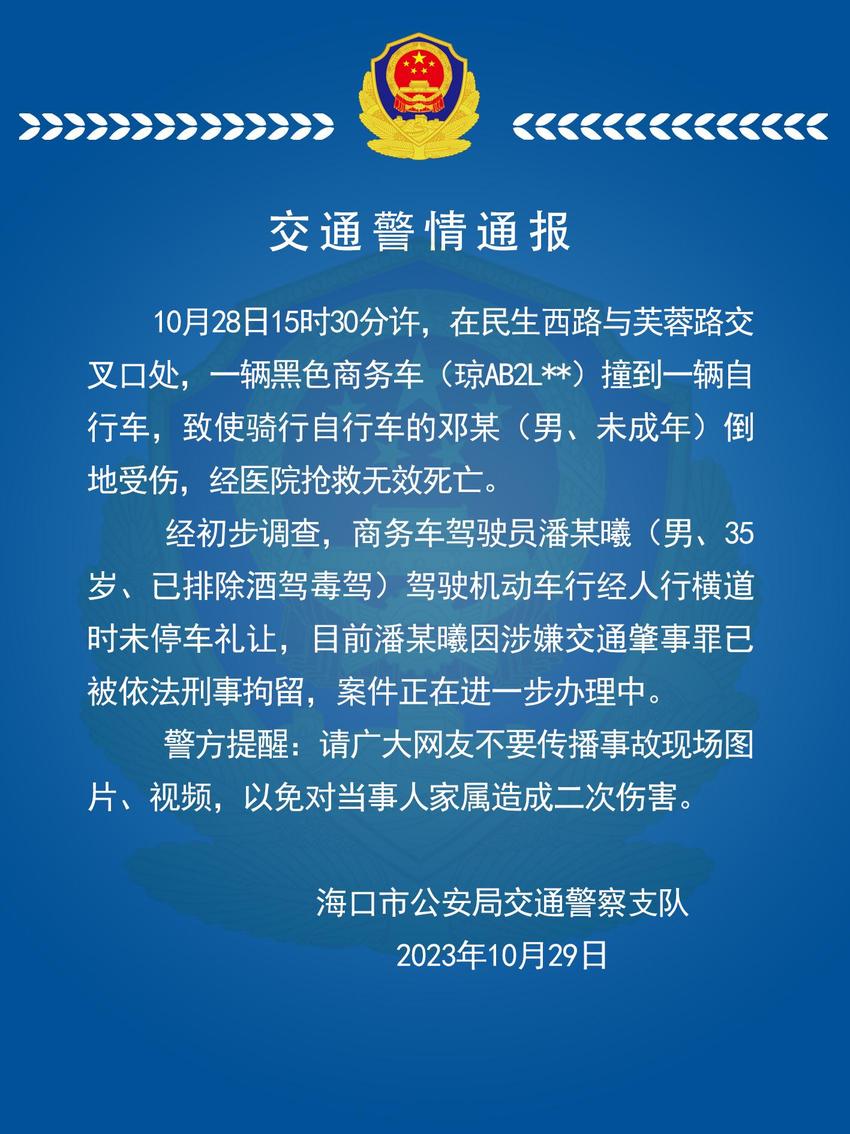 警情通报！海口肇事商务车司机行经人行横道未停车礼让 涉交通肇事罪被拘