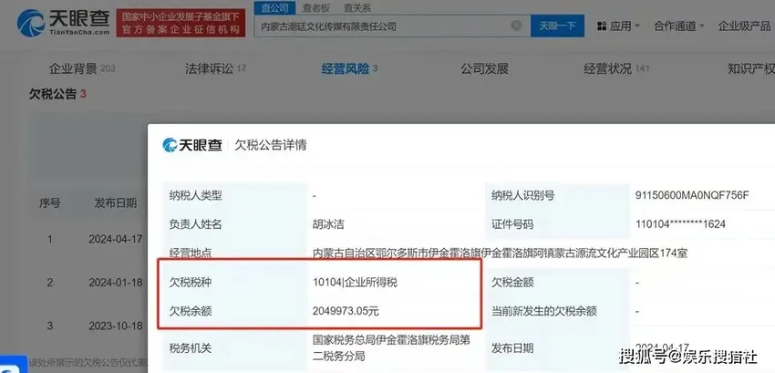 吴亦凡关联公司曝出欠税问题，总额达427.74万元