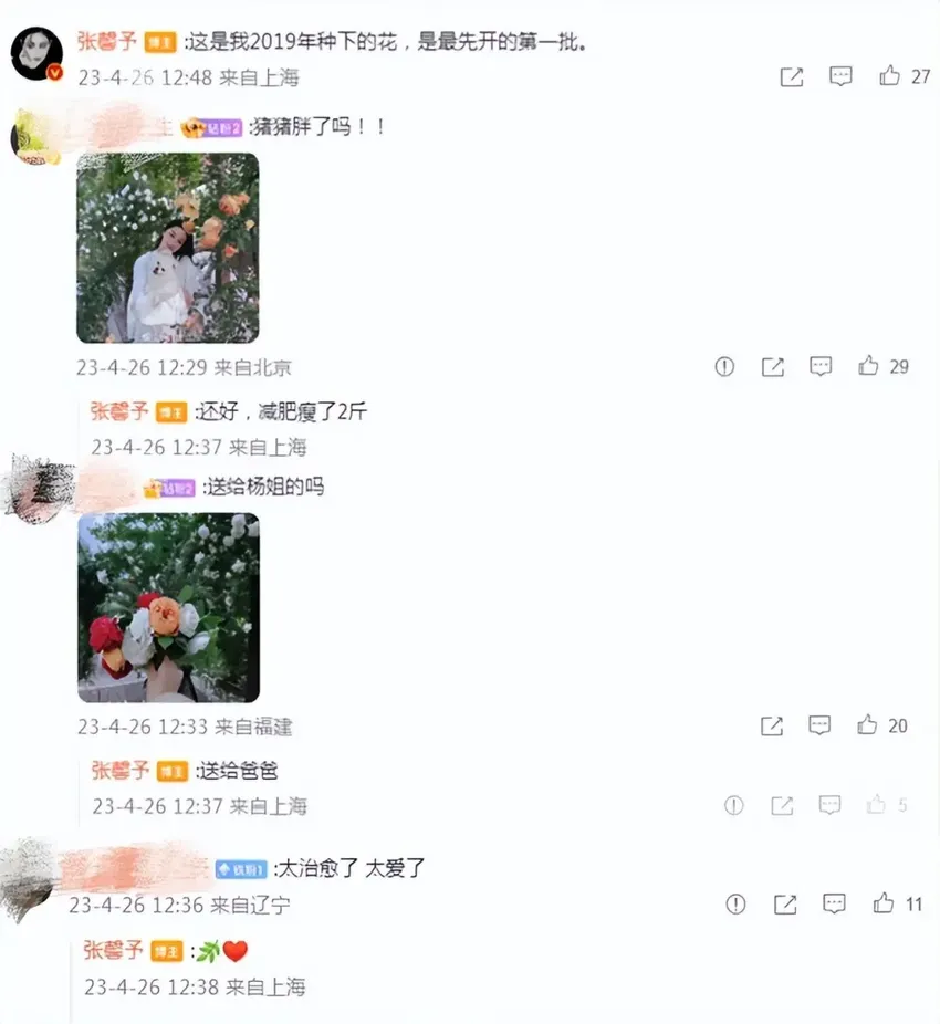 张馨予在自家花园拍照，老公视角下穿睡袍出镜，完美演绎人比花娇