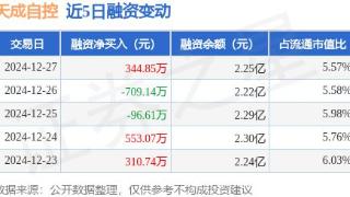 天成自控：12月27日融资买入3150.35万元，融资融券余额2.25亿元