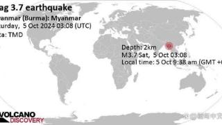 缅甸曼德勒省皎施镇南面发生3.7级地震