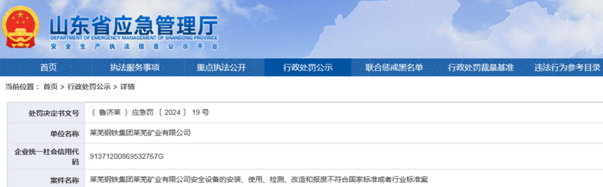 因安全设备安装、报废等不符合国家标准，莱钢集团莱芜矿业被罚