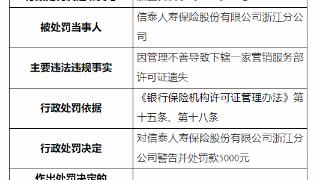 因管理不善导致许可证遗失，信泰人寿浙江分公司被罚5000元