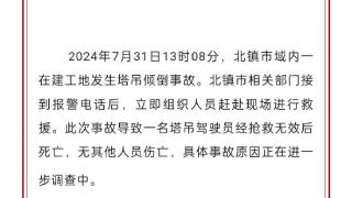 辽宁北镇一工地塔吊倾倒 官方通报：塔吊驾驶员经抢救无效死亡