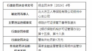 因许可证保管不善致遗失，北大方正人寿保险扬州支公司被罚1万元