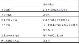 汇丰晋信港股通双核混合增聘郑小兵 付倍佳离任