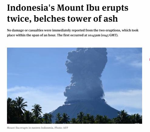外媒：印度尼西亚东部一火山一日连续喷发两次