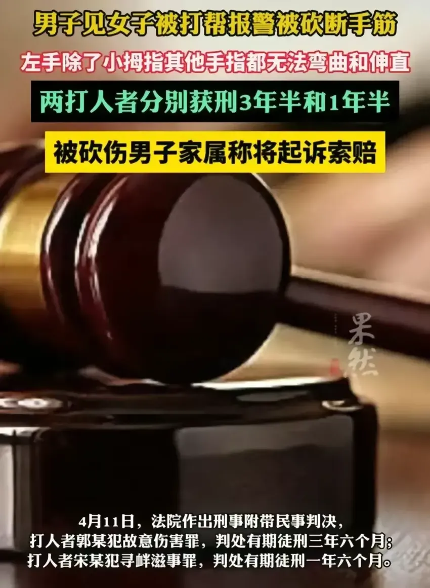 男子帮被暴打女子报警，却被砍断手筋致残疾，法院判决激起千层浪