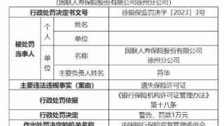 国联人寿徐州分公司被罚 遗失保险许可证