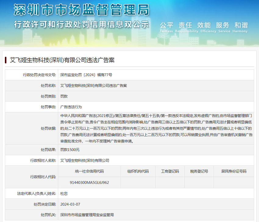 艾飞娅生物科技(深圳)有限公司违法广告案