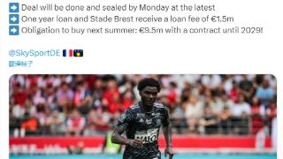 德天空：马赛将150万欧租借布拉西耶，明夏950万欧买断并签