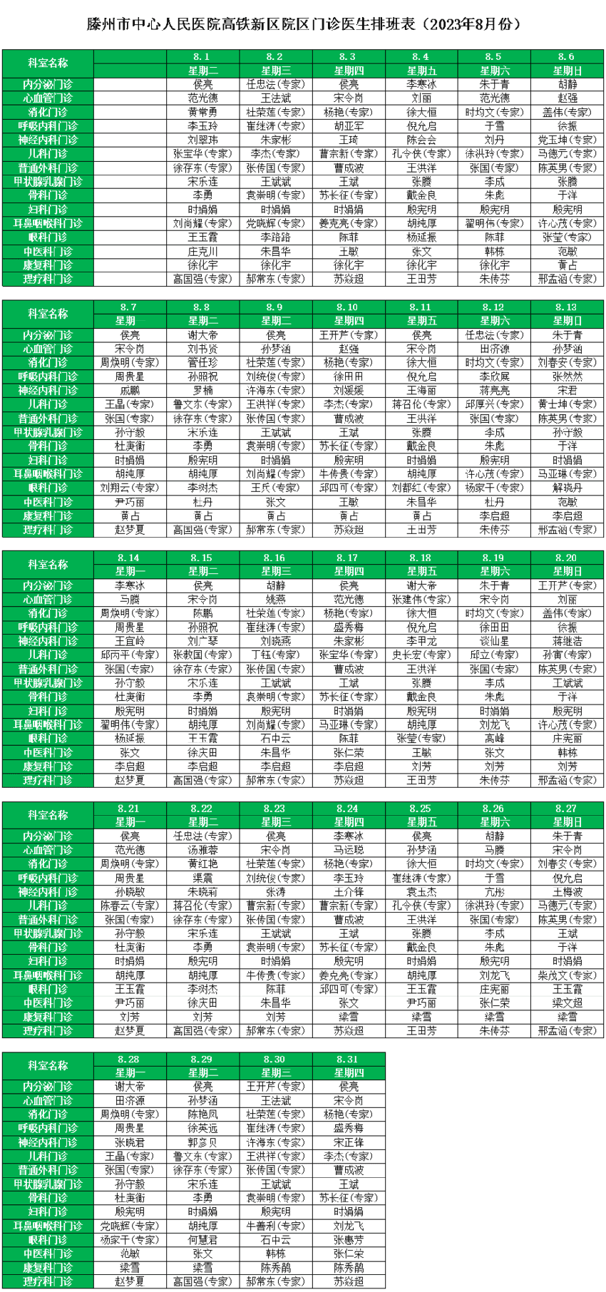 关注｜滕州市中心人民医院8月一周专家、专业门诊排班表