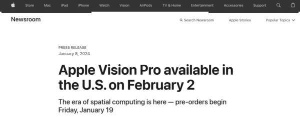 苹果官方：applevisionpro2月2日在美国发售