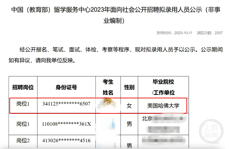 哈佛大学硕士应聘教育部留学服务中心非事业编岗位，官方：属实，很多世界名校生报名