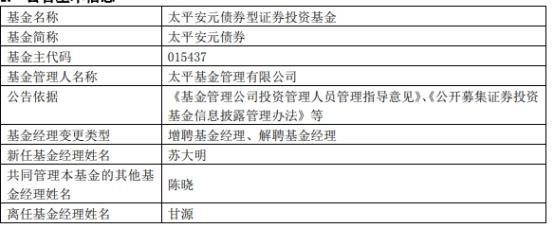 太平安元债券增聘基金经理苏大明 甘源离任