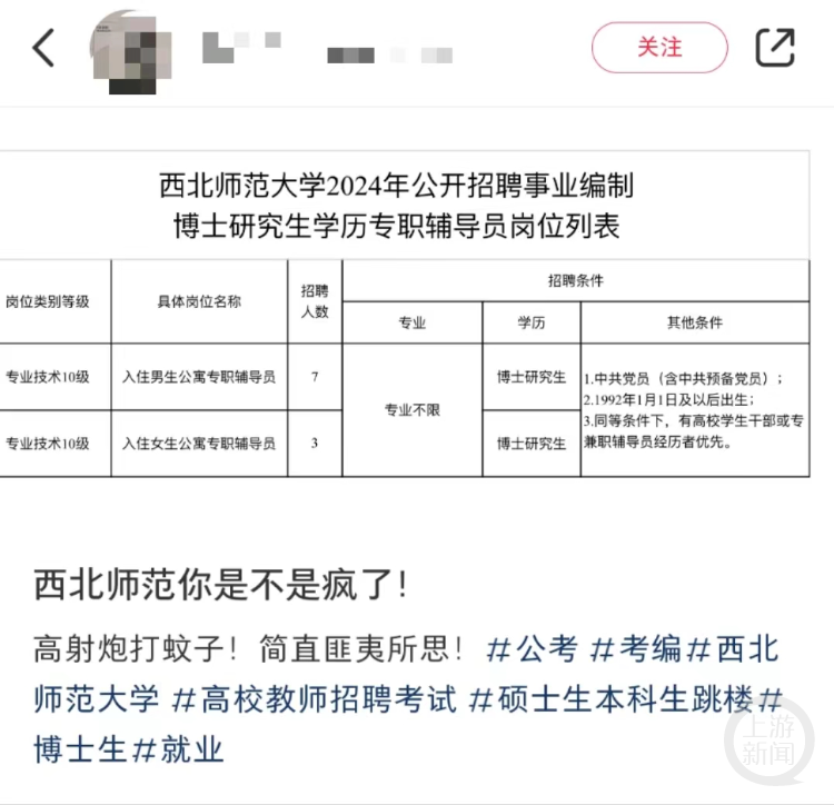 招聘“入住公寓专职辅导员”要求博士学历，西北师范大学回应：非宿管，有安家费