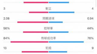 切尔西1-0富勒姆全场数据：射门17-14，射正3-4，黄牌5-1