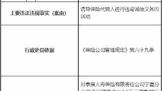 泰康人寿宁夏分公司被罚 诱导保险代理人违背诚信义务