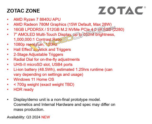 索泰ZONE掌机规格曝光：采用AMD锐龙7 8840U处理器