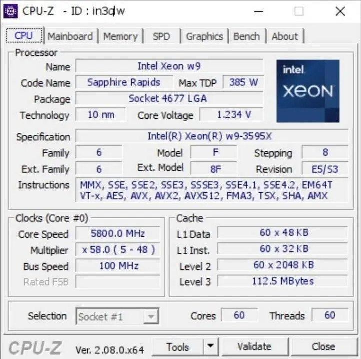 英特尔 60 核至强 W9-3595X CPU 已超频至 5.8 GHz