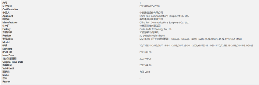 中邮通信hinova新机通过3c认证，支持66w快充