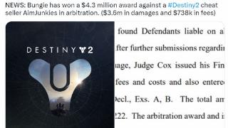 Bungie赢得《命运2》外挂诉讼官司 获赔430万美元