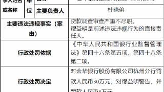 金华银行杭州分行被罚 贷款调查审查严重不尽职