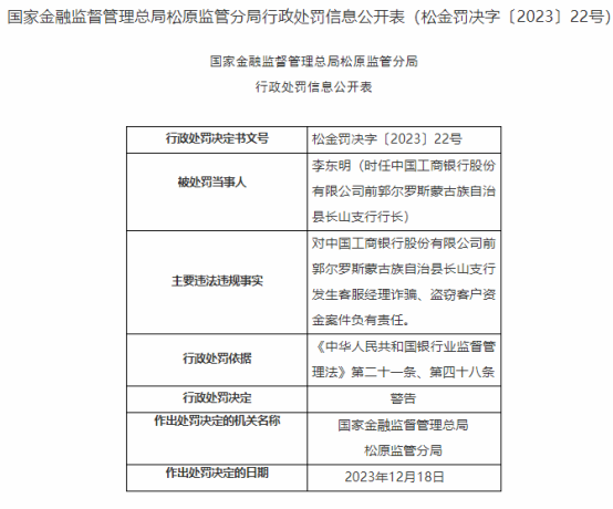 因人员监管不力，工商银行郭尔罗斯蒙古族自治县一支行行长被警告