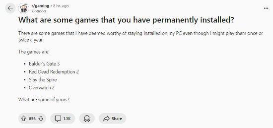 玩家热议电脑上永不卸载的游戏 硬盘满了也要留着