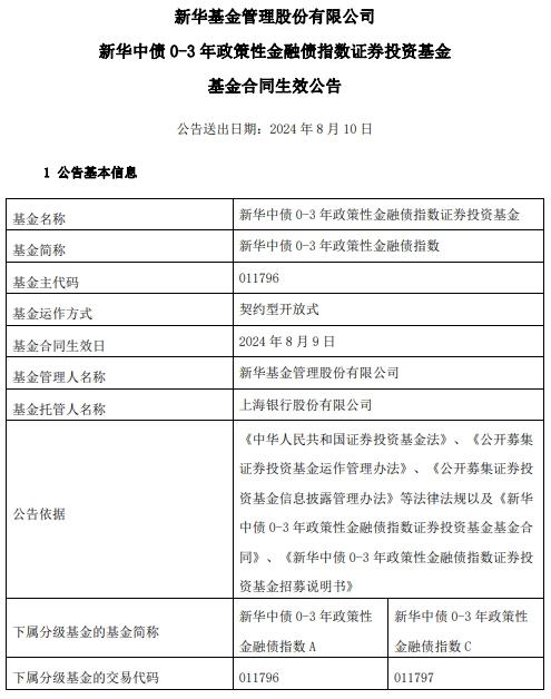 新华中债0-3年政策性金融债指数成立 募集规模60亿元