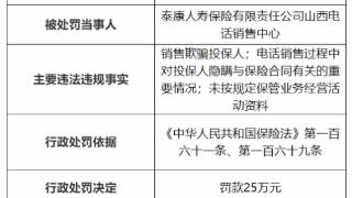 泰康人寿山西电话销售中心被罚 欺骗投保人等