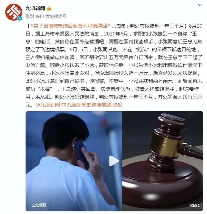 男子出境做电诈因业绩不好遭遣回，法院：判处有期徒刑一年三个月