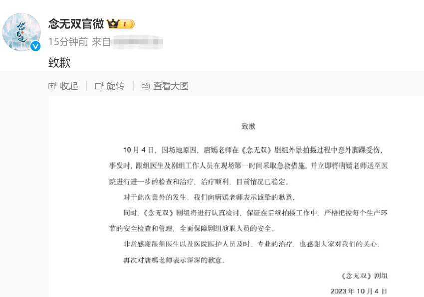 唐嫣拍摄《念无双》意外脚踝受伤 剧组发公告致歉