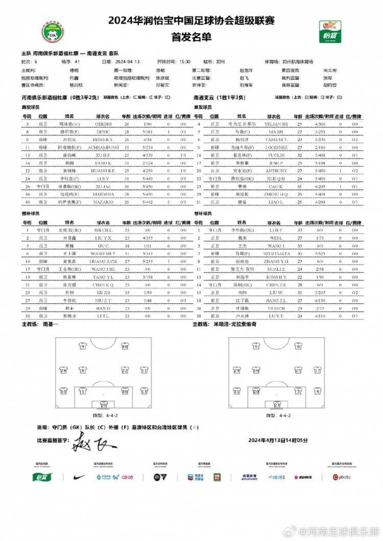 河南vs南通首发及替补：国脚徐浩峰先发出战、王上源替补