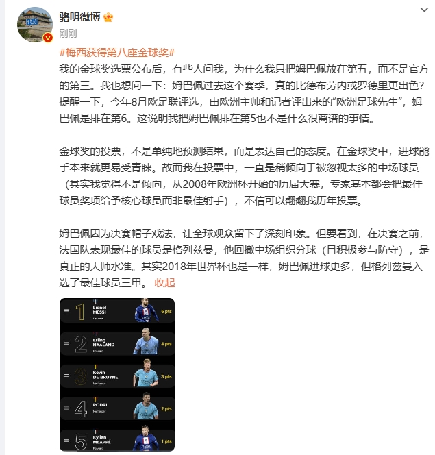 骆明解释将姆巴佩排在第五：世界杯决赛之前，法国表现最佳是格子