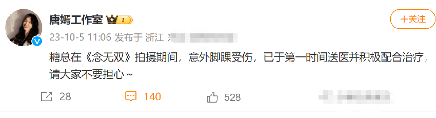 唐嫣拍摄《念无双》意外脚踝受伤 剧组发公告致歉