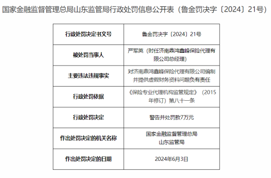 因编制提供虚假财务资料，济南鼎鸿鑫峰保险代理公司被罚35万元