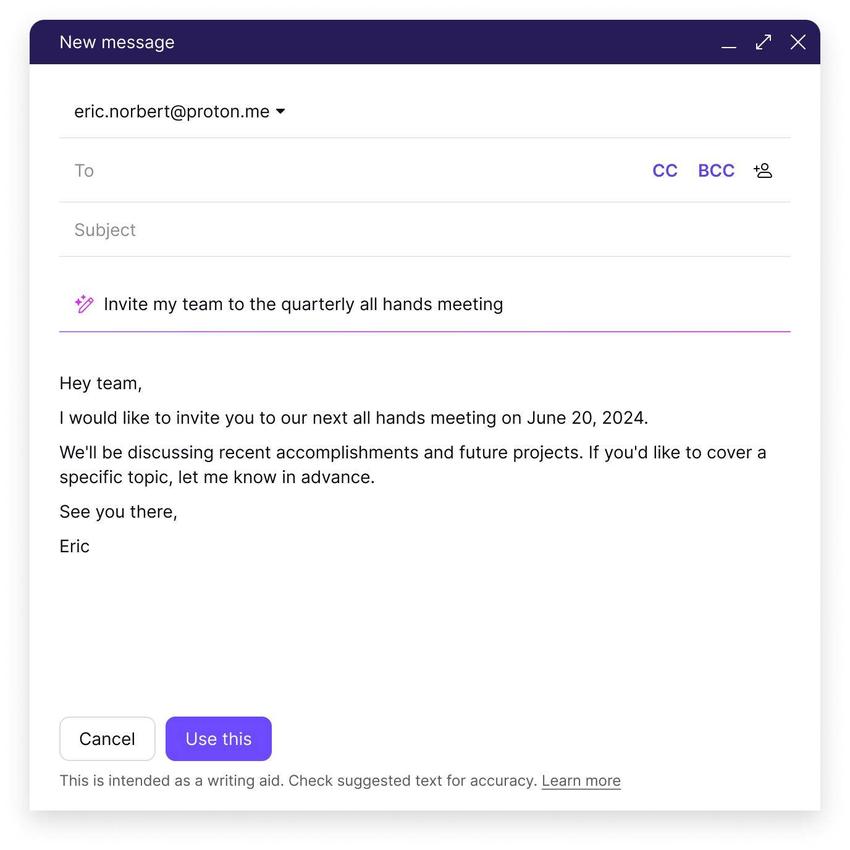 proton推出ai电子邮件写作助手