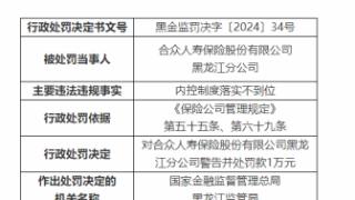 因内控制度落实不到位，合众人寿黑龙江分公司被罚1万元