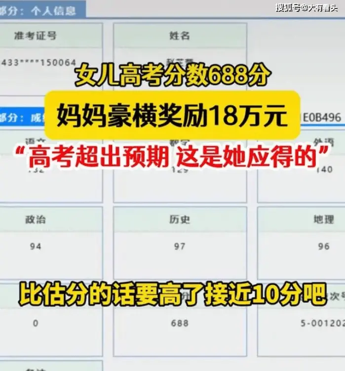 浙江：女生高考688分，妈妈豪横奖励18万，网友：我给家里省18万