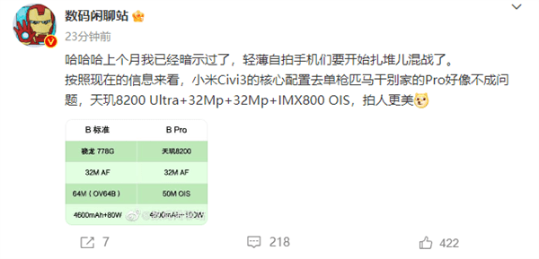 新一代自拍之王！小米Civi 3官宣：全球首发天玑8200 Ultra