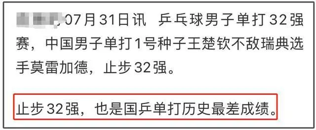 王楚钦男单爆冷出局！国乒单打历史最差成绩，本人承认自身问题多