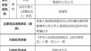 泰康人寿内蒙古锡林郭勒盟中支被罚 存在欺骗行为