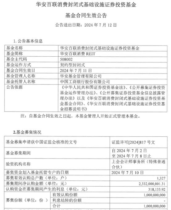 华安百联消费REIT成立 基金规模23.32亿元