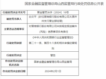 因未按规定报送案件信息等，晋商银行被罚款165万元