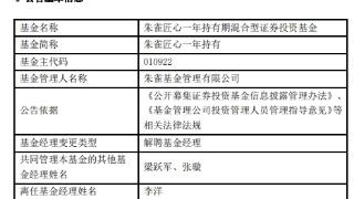 朱雀基金李洋离任2只混基 目前均亏损